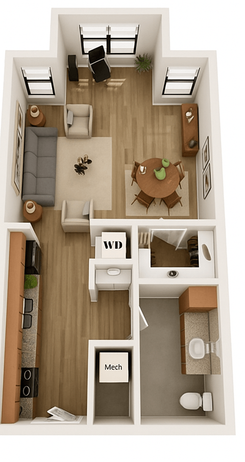 A top-down view of a small apartment with a living room, kitchen, and bathroom.